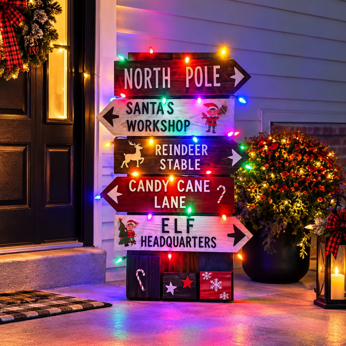 Decorative Christmas signpost with five arrow-shaped wooden signs pointing North Pole, Santa's Workshop, Reindeer Stable, Candy Cane Lane, and Elf Headquarters, lit with multicolored holiday string lights and displayed on a front porch.