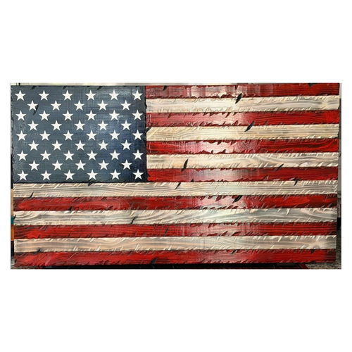 50 Stat Union Flag Distressed Wood Red, White and Blue. Made in the USA with real wood