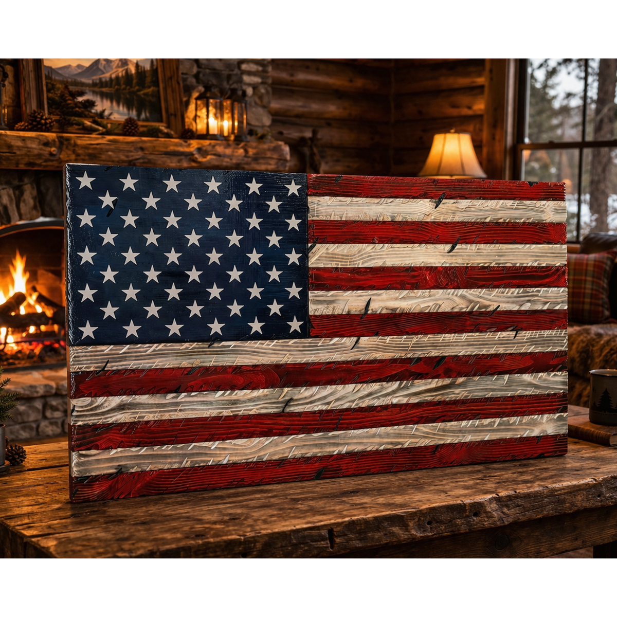 50 Stat Union Flag Distressed Wood Red, White and Blue. Made in the USA with real wood with background 