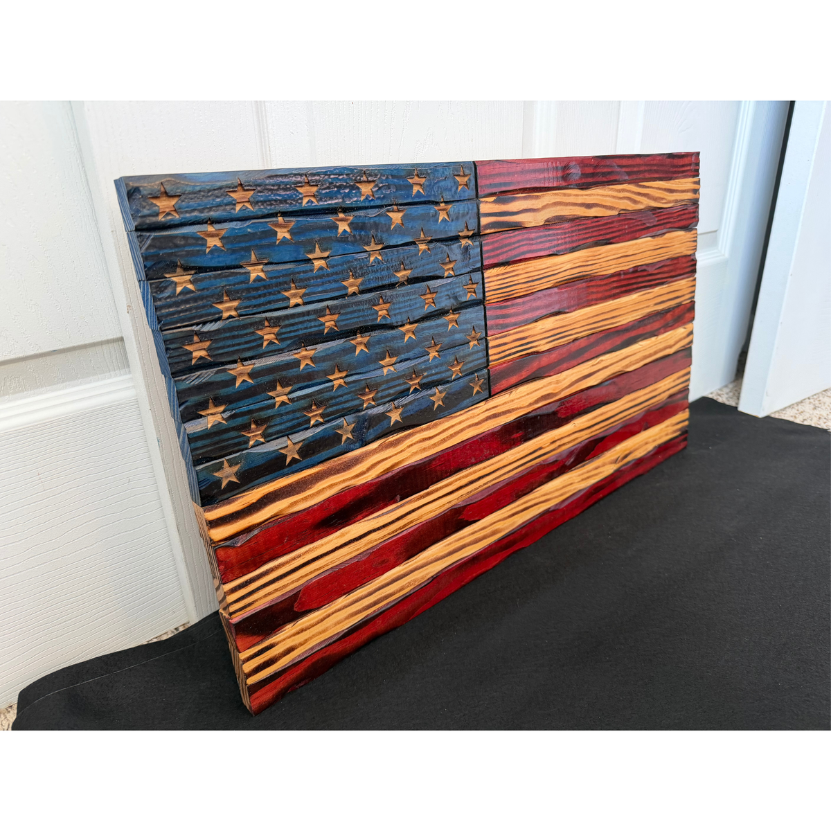 50 Star Union Rustic Flag Gloss Finish Made with real wood. Made in the USA Side angle
