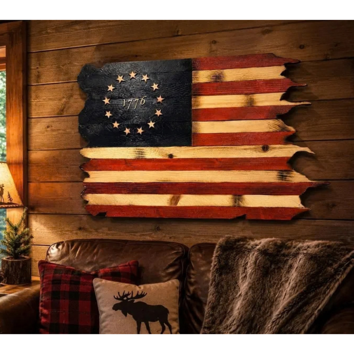 Backlit Tattered Betsy Ross Wooden Flag | 1776 American Rustic Wall Decor Hung Up

