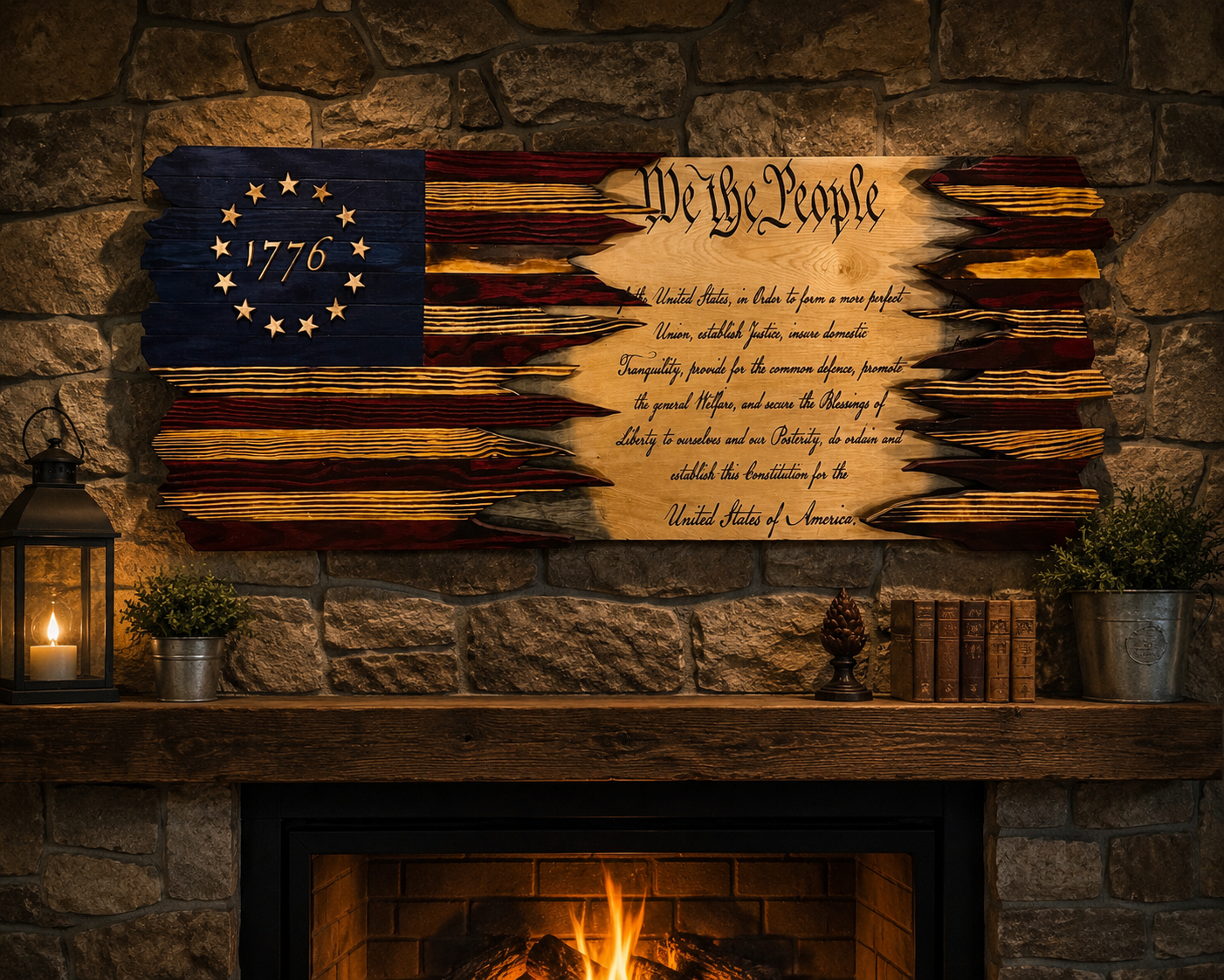 Handcrafted rustic American Flag Themed Porch Leaner featuring a Betsy Ross 1776 design with a bold vertical layout that makes a statement in any space.

individually burned, stained, and finished by hand, giving it a unique, weathered look you won’t find