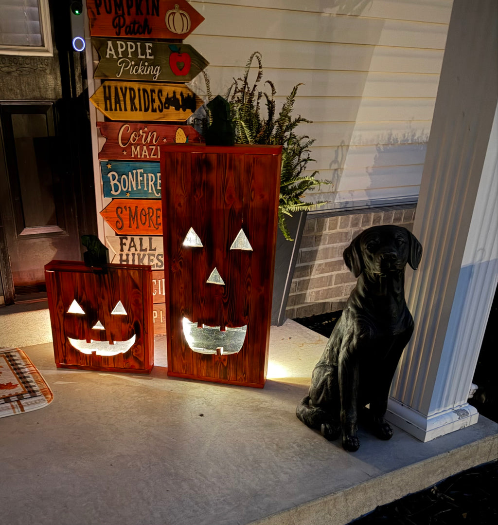 Handmade Lighted Wooden Jack-O’-Lanterns – 30” & 15” Rustic Halloween Porch Decor