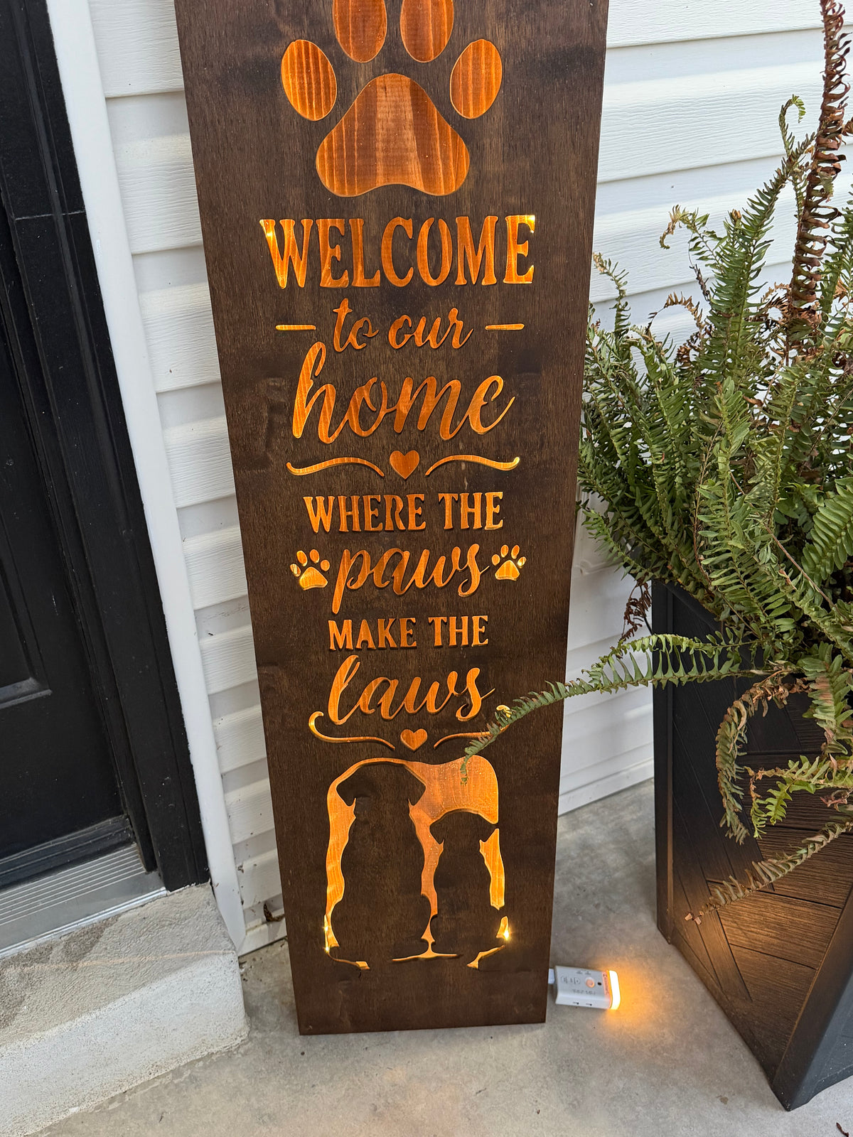 Lighted Dog Porch Leaner Sign – "Paws Make the Laws" 48"