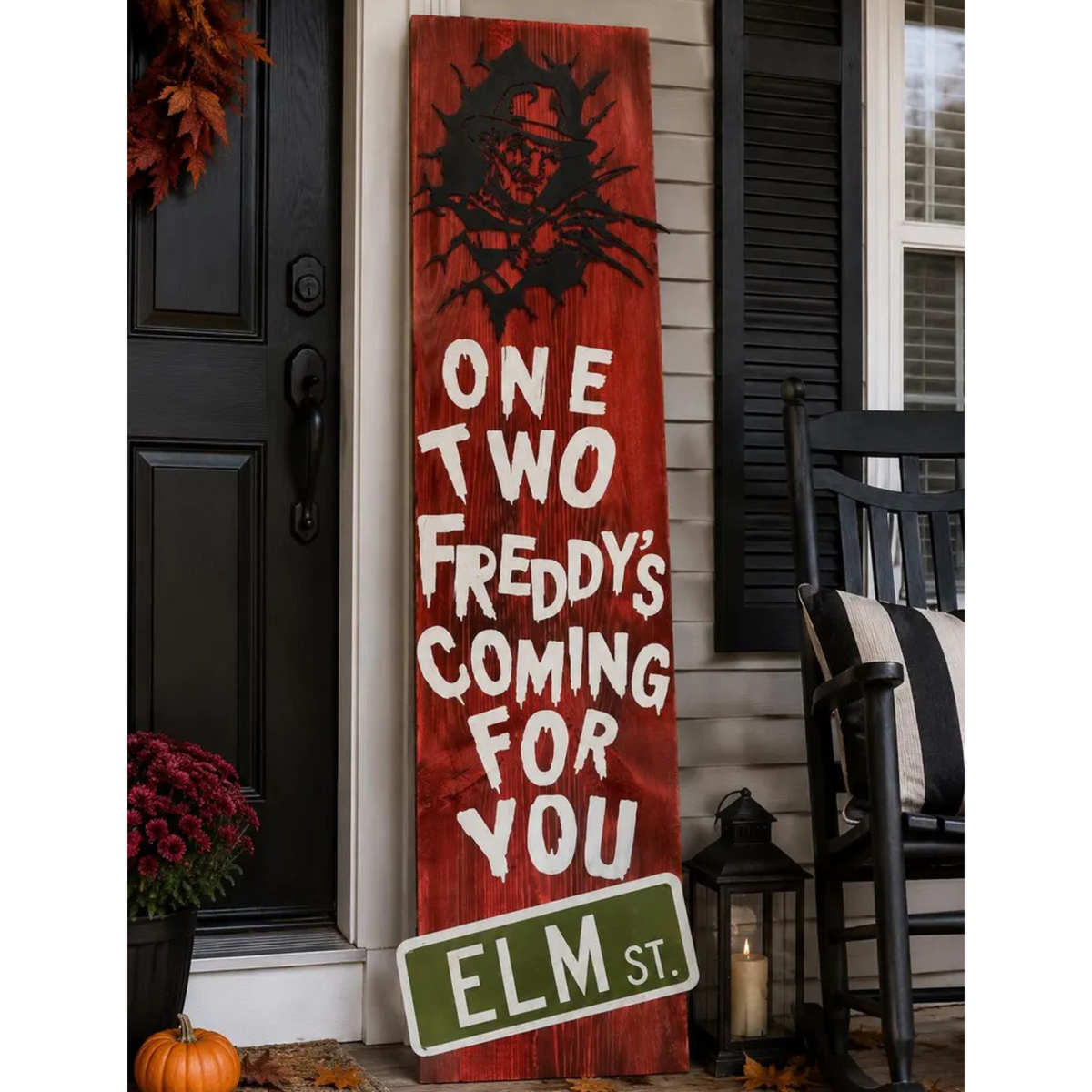 Handmade Freddy Krueger Elm Street Porch Leaner Nightmare Halloween Wooden Sign  On Porch