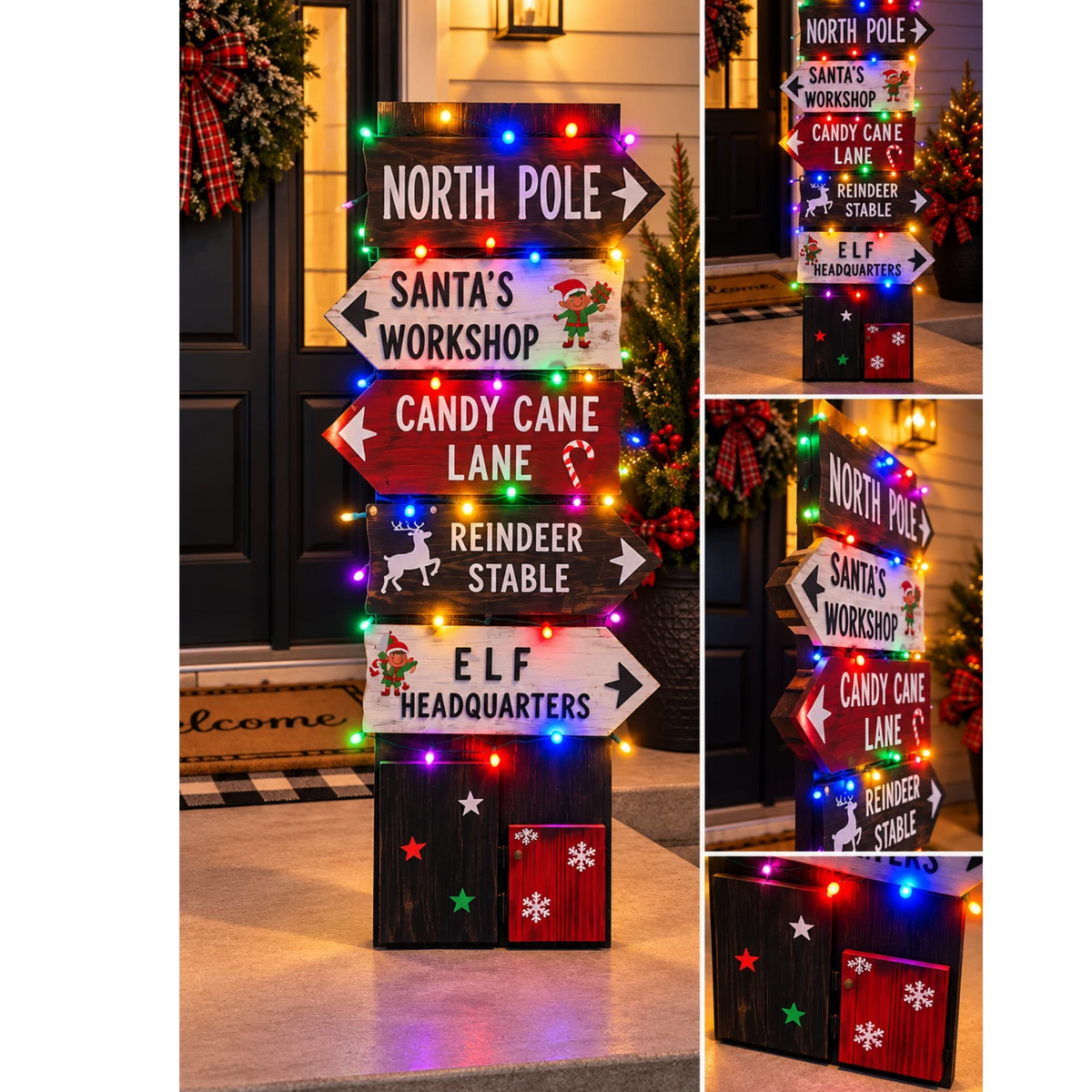 A festive lighted Christmas directional signpost decoration with multiple white arrow signs reading North Pole, Santa's Workshop, Candy Cane Lane, Reindeer stable, and Elf Headquarters,.  Lit with multicolored holiday string lights and decorated with small reindeer and elf graphics. 