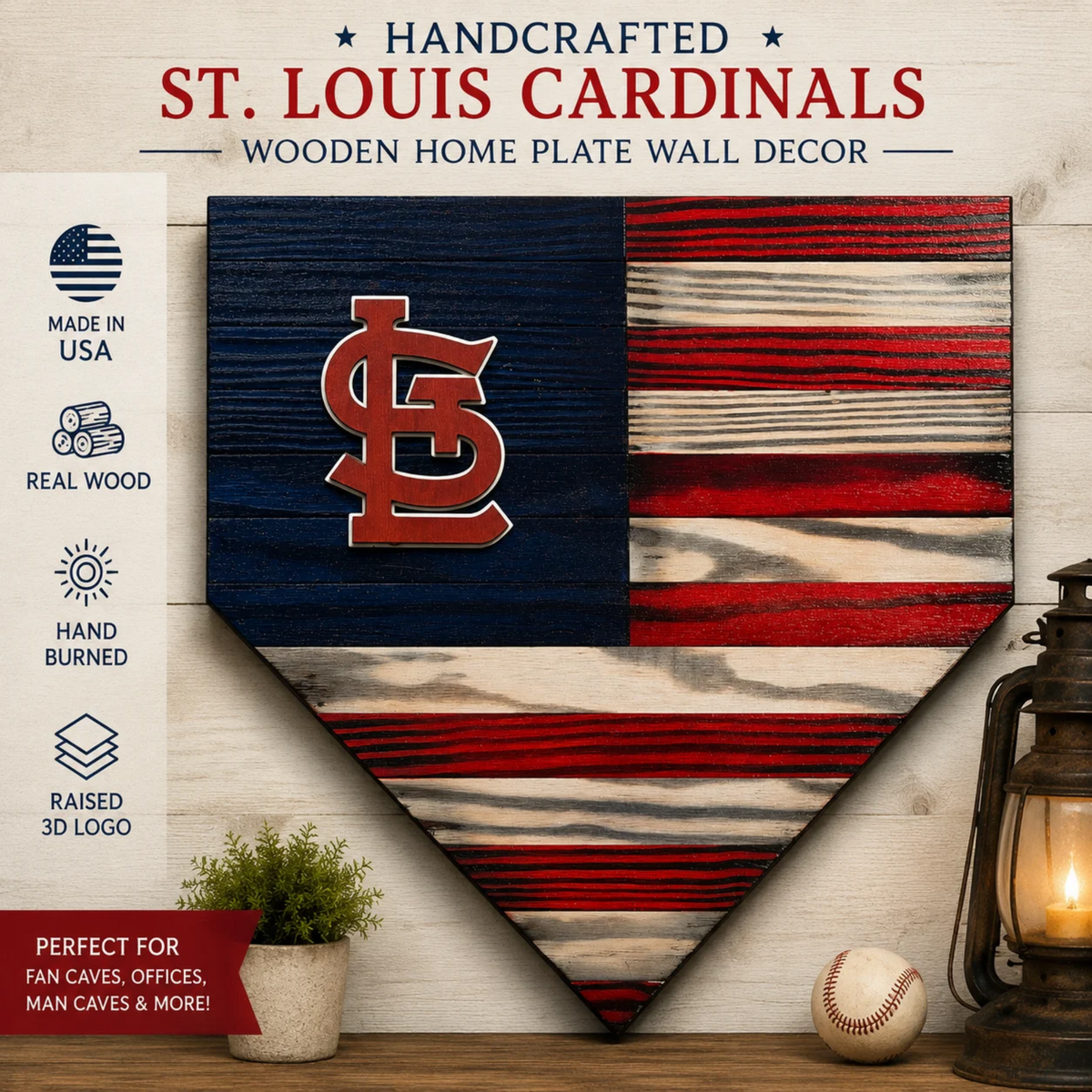 STL Wooden Home Plate Wall Decor – Rustic Red, White & Blue