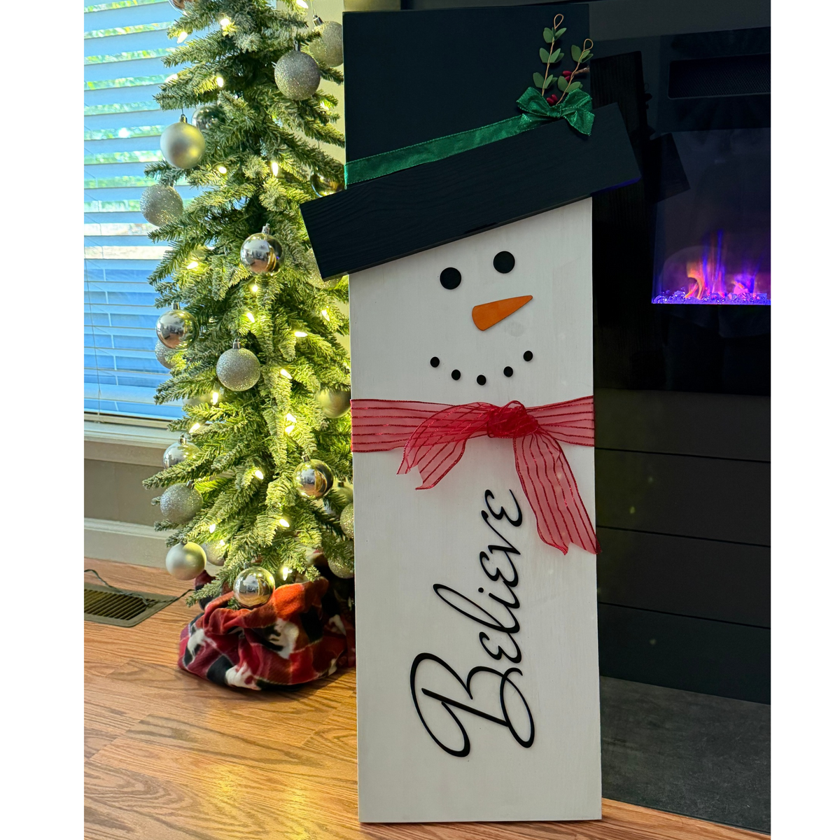 Freestanding Wooden Snowman Christmas Decor, 38 Inch Tall Holiday Decoration, White Snowman with Red Ribbon, Winter Home Decor