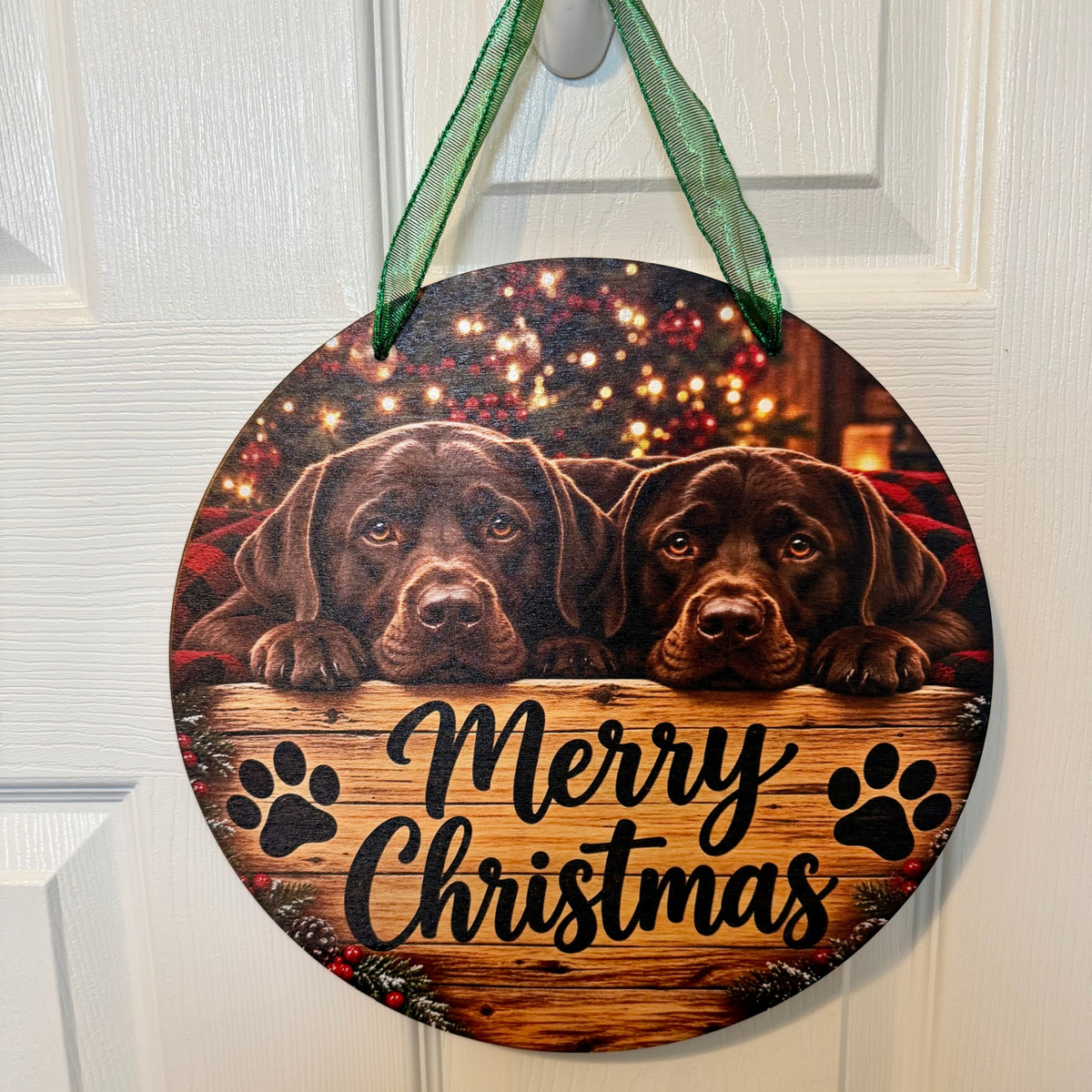 Chocolate Lab Puppies Merry Christmas Round Door Hanger – 10" Wood Holiday Sign