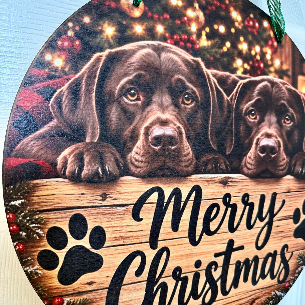 Chocolate Lab Puppies Merry Christmas Round Door Hanger – 10" Wood Holiday Sign
