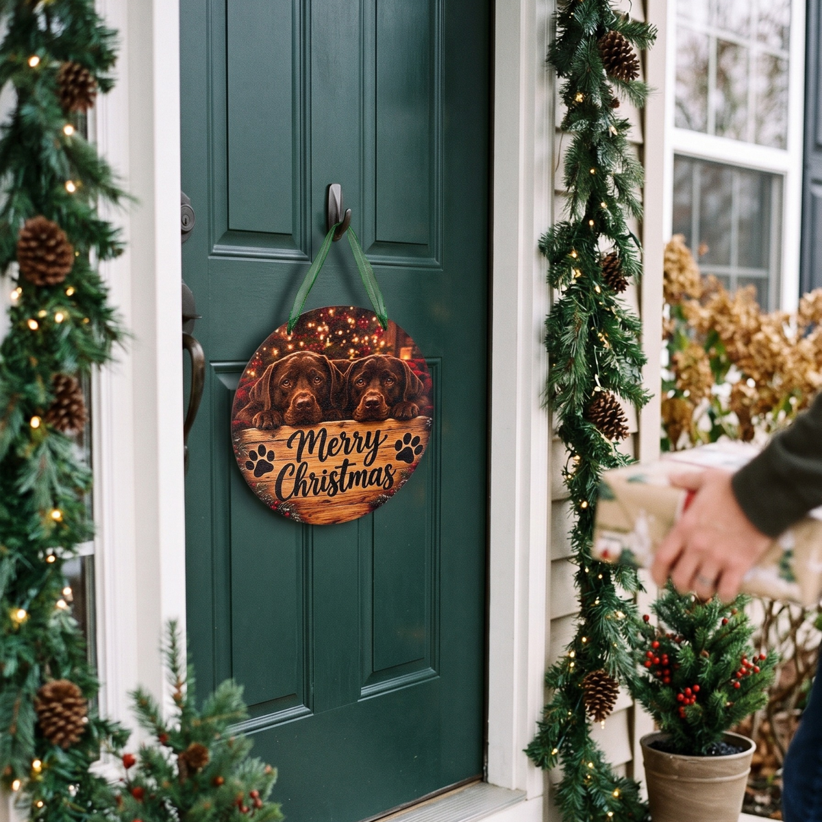 Chocolate Lab Puppies Merry Christmas Round Door Hanger – 10" Wood Holiday Sign