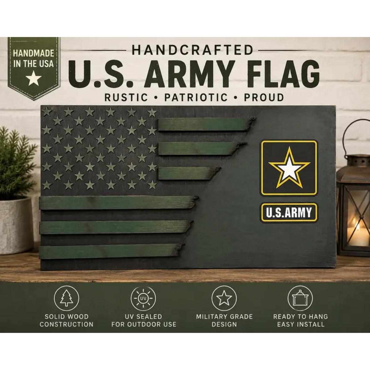 Handcrafted U.S. Army Wooden Flag | 3D Stars, Burned Edges, Veteran Gift