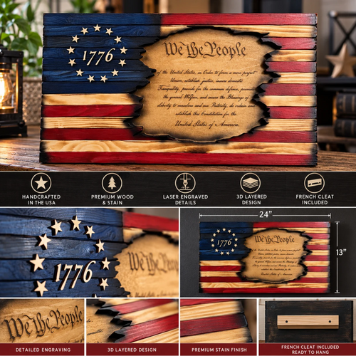 A rustic wooden American flag wall plaque with a torn-paper effect, featuring 'We the People' and '1776' in laser-engraved wood. The image includes a main product view on a wooden surface with lanterns, plus a feature infographic below highlighting handcrafted details, laser engraving, layered design, and French cleat inclusion.